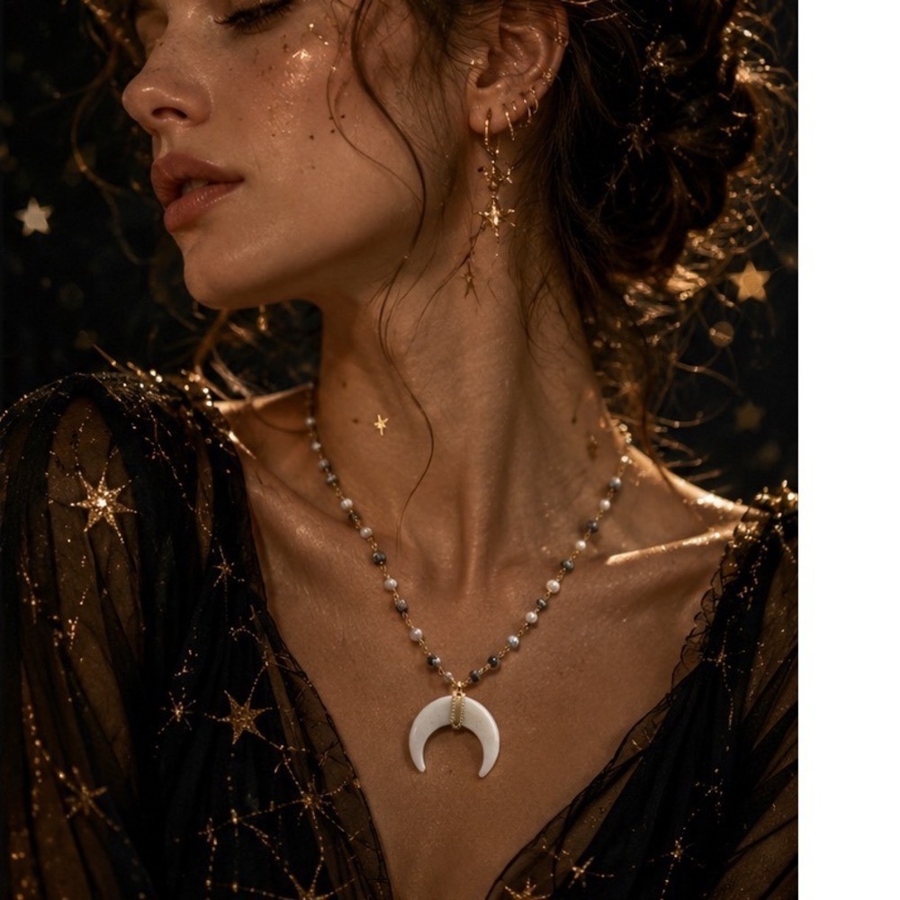 Crescent Moon Horn Necklace Pearl Dalmatian Jasper Gold Tone Celestial Boho - Picture 2 of 8